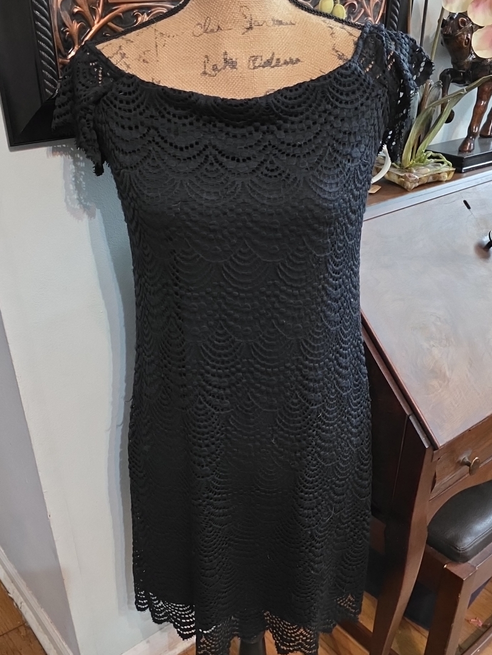Black Lace Shift Dress with Scalloped Overlay